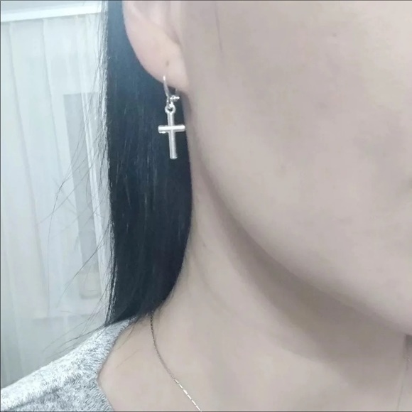 Miniature Cross Hoop Earrings - Picture 2 of 8